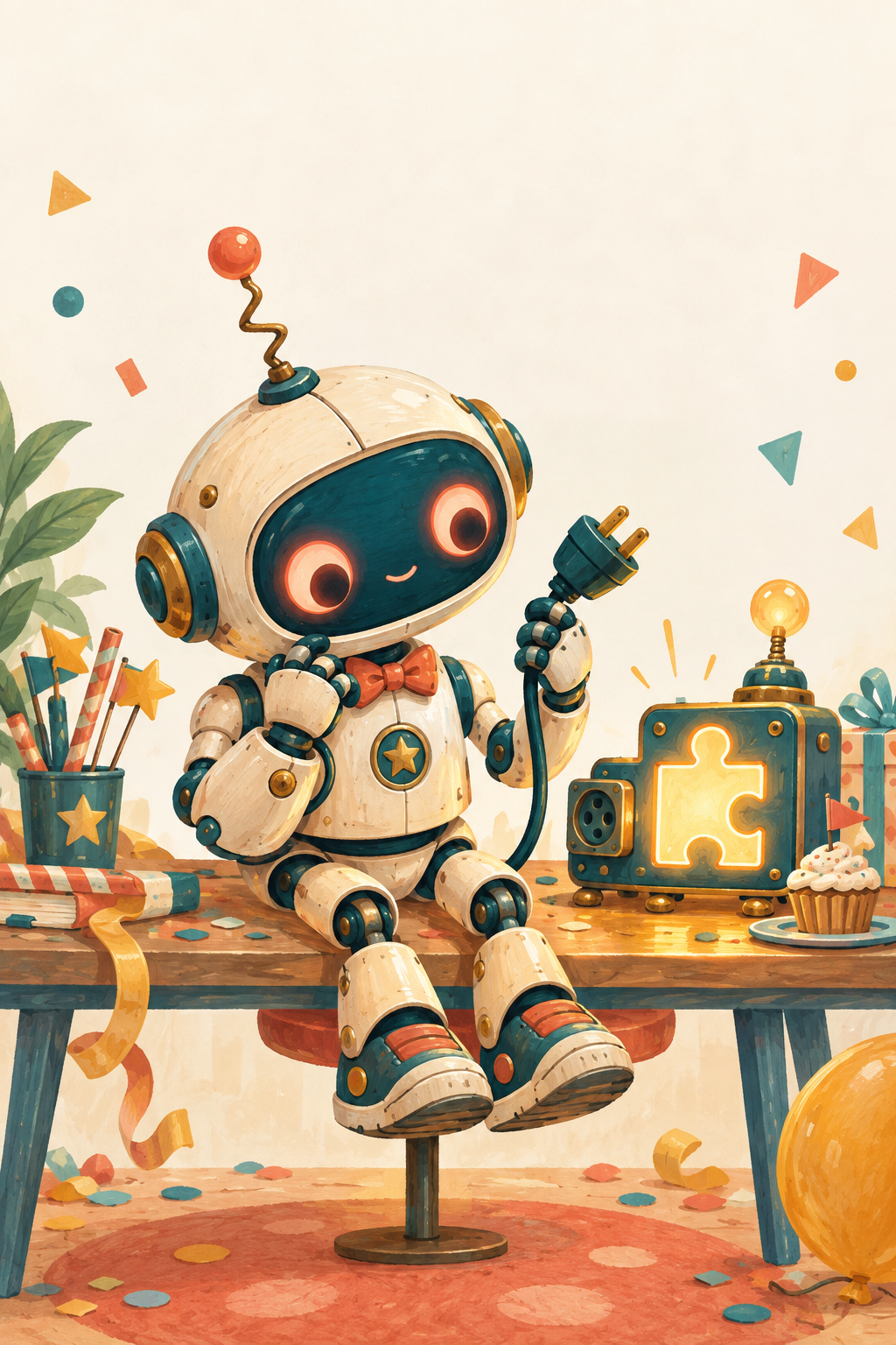 Illustration of Party Bot, a cream and teal robot with a coral bow tie, sitting on a party table and holding an unplugged cord next to a glowing puzzle-piece machine, a cupcake, and confetti.