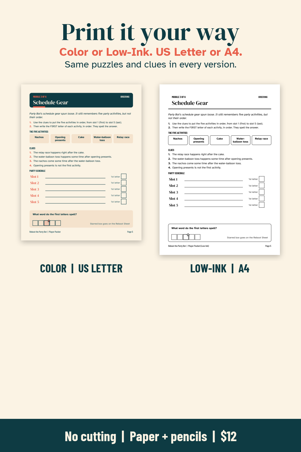 The same module page in a color US Letter version and a low-ink A4 version, under the headline Print it your way.