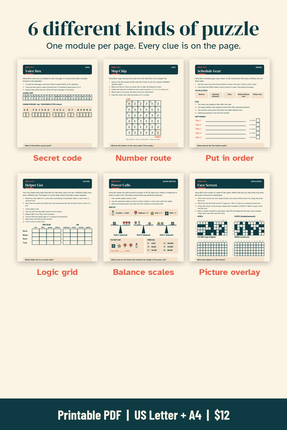 Six module pages shown small, labeled secret code, number route, put in order, logic grid, balance scales, and picture overlay, under the headline 6 different kinds of puzzle.