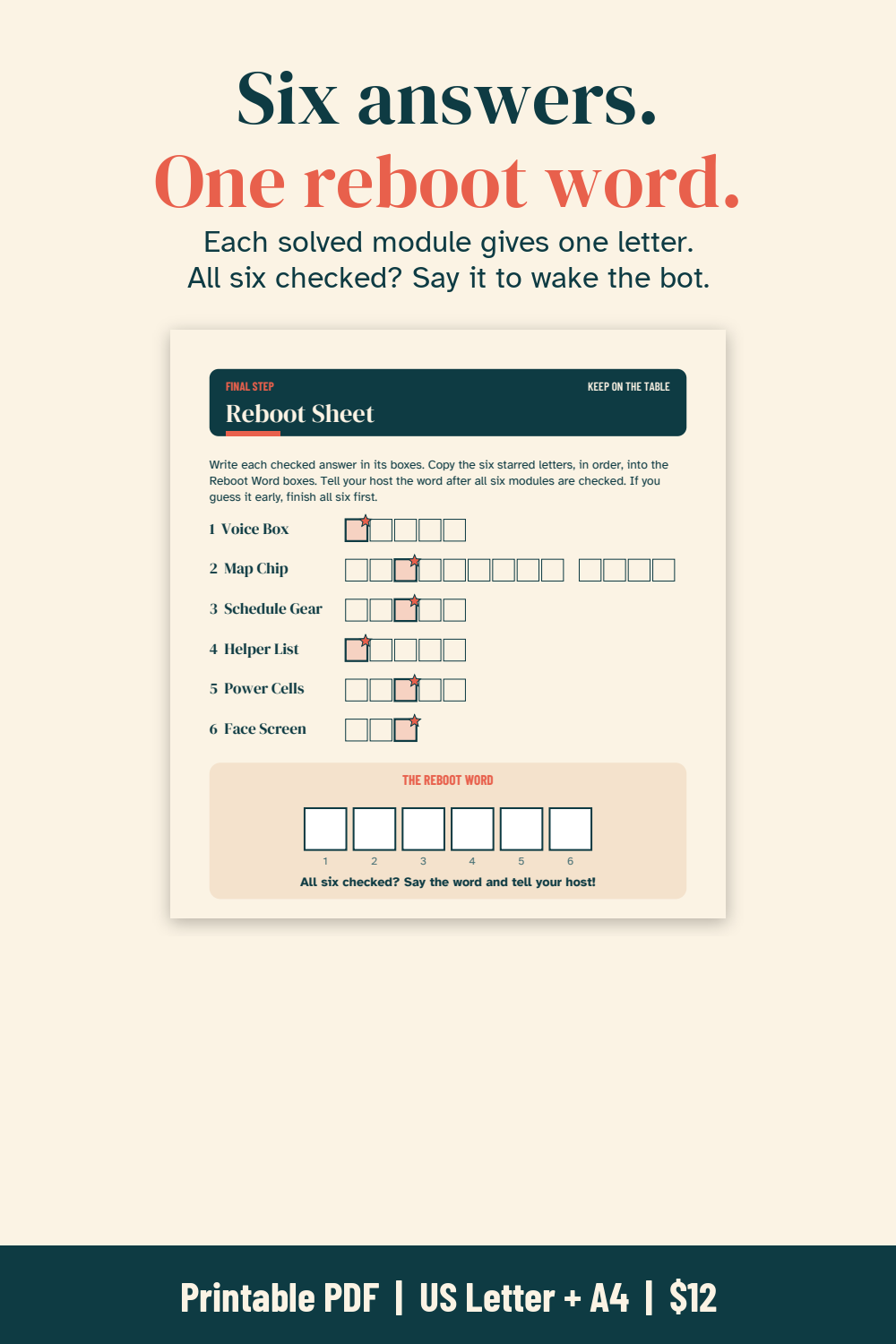 The blank Reboot Sheet, where the team writes six answers and copies one starred letter from each into the reboot word boxes.