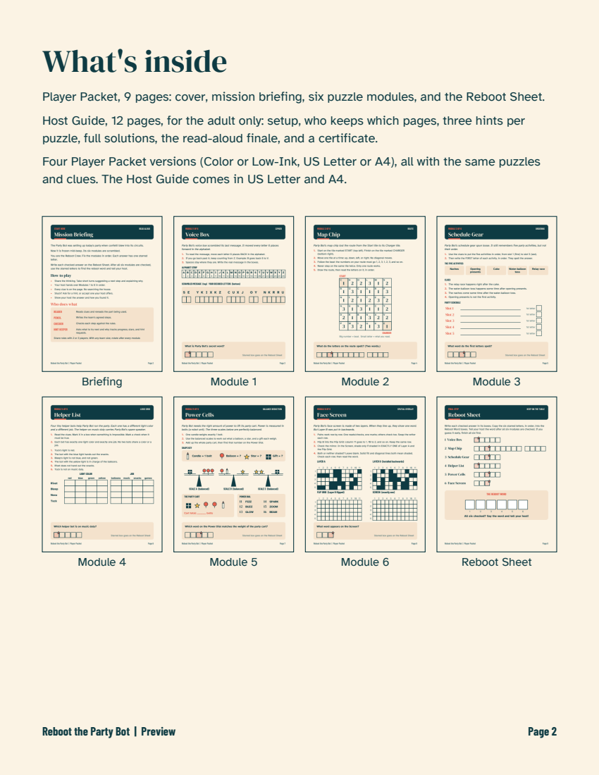Preview page titled What's inside, with small thumbnails of the Briefing, Modules 1 to 6, and the Reboot Sheet.